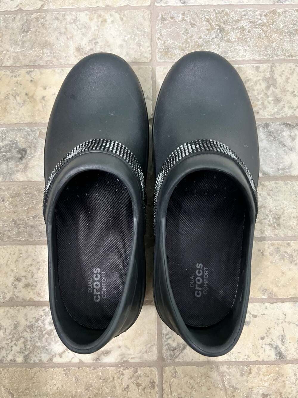 Crocs Work Clogs Black Dual Comfort Rhinestone Slip-On Shoes